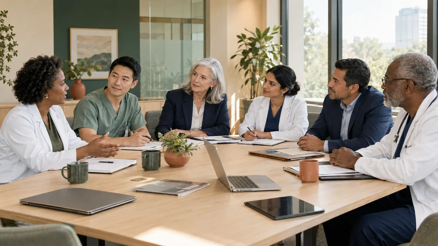 Illustrative group of physicians and professionals discussing a practice plan